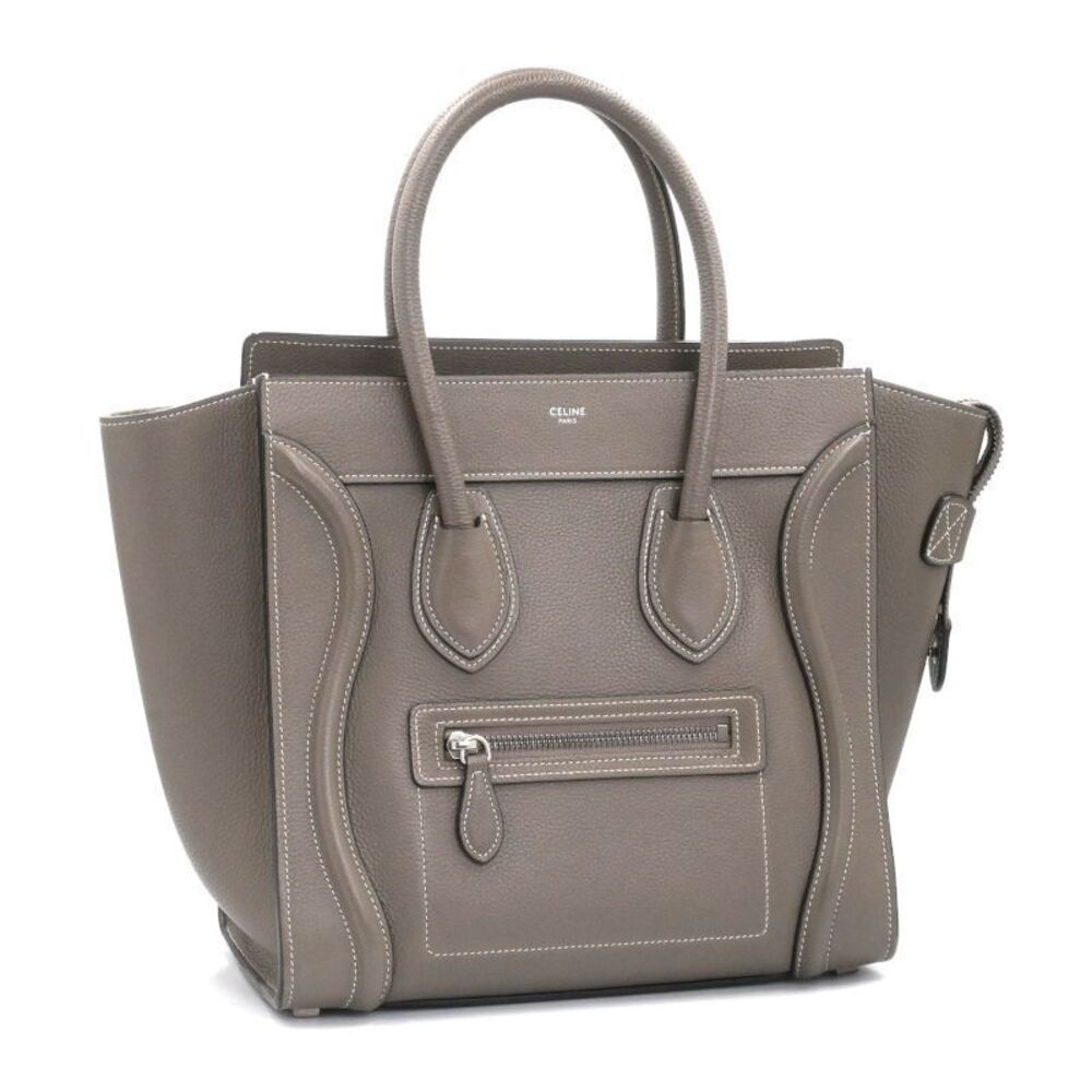 Celine Luggage Shopper Drummed Calfskin Slim Handbag Tote Bag Greige Gray